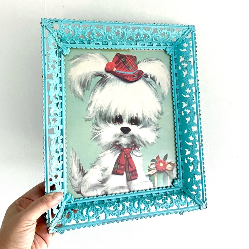 Vintage 60’s mod white puppy dog print in aqua blue filigree metal frame
